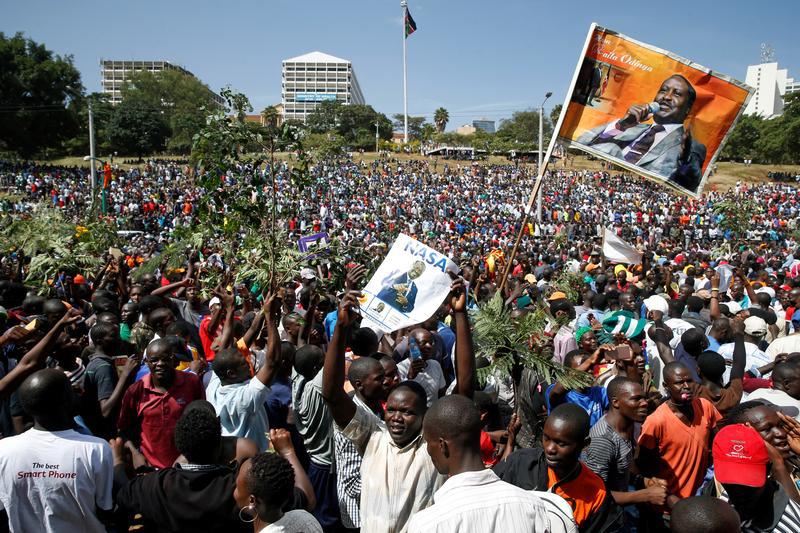 Supporters of Kenyan opposition leader Raila Odinga of the National Super Alliance (NASA) coalition gather ahead of Odinga's planned swearing-in ceremony as the President of the People's Assembly at Uhuru Park in Nairobi, Kenya, January 30, 2018.