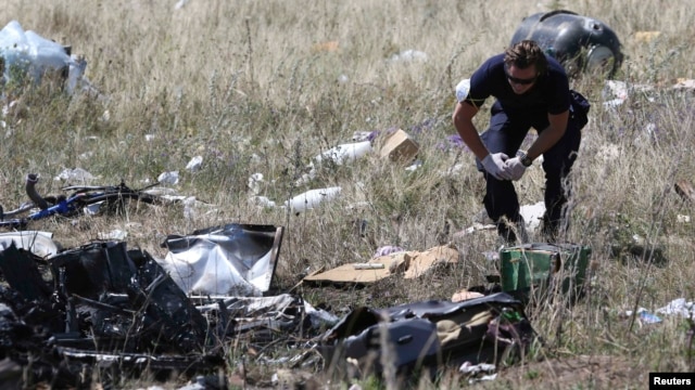 A member of a group of international experts inspecting the site where the downed Malaysia Airlines Flight 17 crashed, near the village of Hrabove in the Donetsk region of eastern Ukraine, in mid-July.