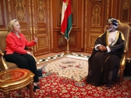 U.S. Secretary of State Hillary Clinton meets with Omani Sultan Qaboos bin Sa'id in Muscat.