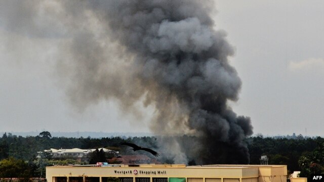 Smoke rises from the Westgate mall in Nairobi as fighting continued on September 23.