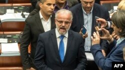 Talat Xhaferi addresses parliament after being elected elected speaker in Skopje on April 27.