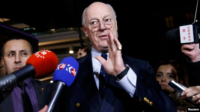 UN mediator for Syria Staffan de Mistura gestures during a news conference on the Syrian peace talks outside President Wilson hotel in Geneva, Switzerland, on February 3.