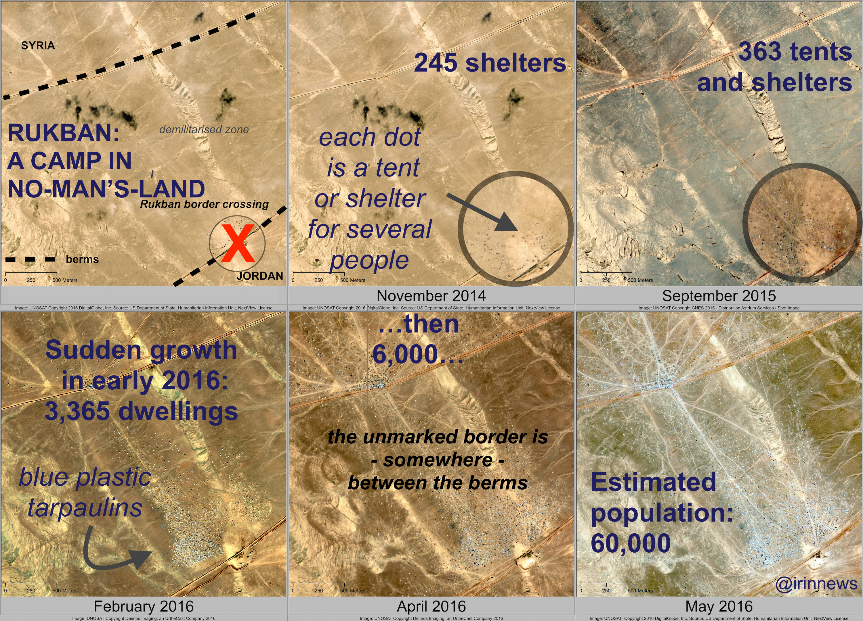 The growth of the Rukban settlement seen in satellite imagery