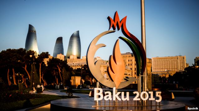 The European Games logo is seen with Baku's famous Flame Towers in the background.
