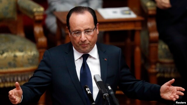 French President Francois Hollande delivers a speech at the upper house of parliament in Tokyo on June 7.