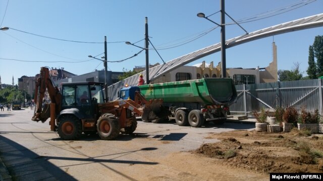 Construction work begins on the Ibar bridge that connects the Albanian and Serbian parts of Mitrovica on August 14.