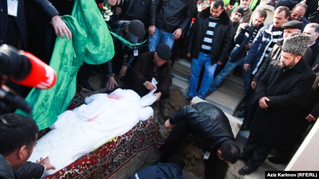 The funeral of Zaur Hasanov who died after self-immolating late last month.