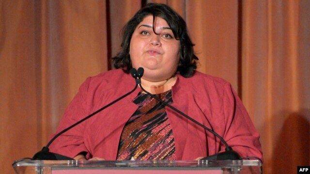 Honoree Khadija Ismayilova speaks at the 2012 Courage in Journalism Awards hosted by the International Women's Media Foundation in Beverly Hills, California, on October 29, 2012.