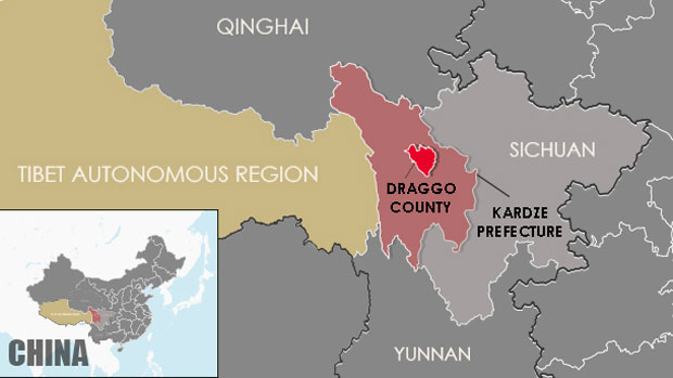 A map showing the location of Draggo county in Sichuan's Kardze prefecture.