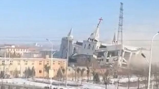 Screen grab of footage of the demolition of Golden Lampstand Church in Linfen city in northern Shanxi Province, Jan. 9, 2018.