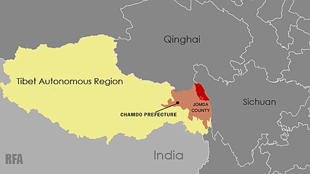 A map showing the location of Jomda county in Tibet's Chamdo prefecture.