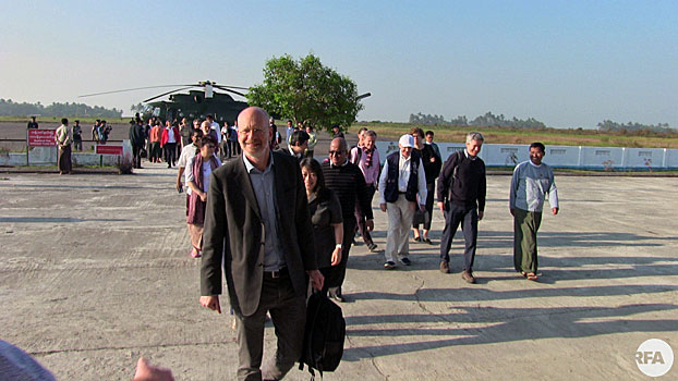 A group of foreign ambassadors and United Nations officials arrive in Sittwe, capital of western Myanmar's Rakhine state, to tour processing centers for returning Rohingya refugees, Feb. 15, 2018.