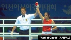 Tajik boxer Mavzuna Chorieva after a victory in the Asian Games in South Korea in 2014.