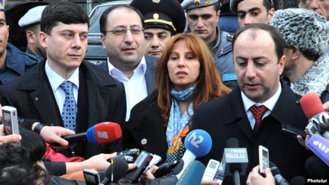 Raffi Hovannisian talks to reporters after lodging an appeal with the Constitutional Court to annul the official results of the February 18 presidential election.