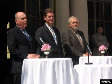 OSCE Minsk Group Co-Chairmen Bernard Fassier, Matthew Bryza, and Yury Merzlyakov (left to right) after the Prague meeting on May 7