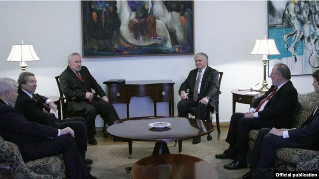 Armenian Foreign Minister Edward Nalbandian (center-right) meets with the OSCE Minsk Group co-chairs in Yerevan on December 16.