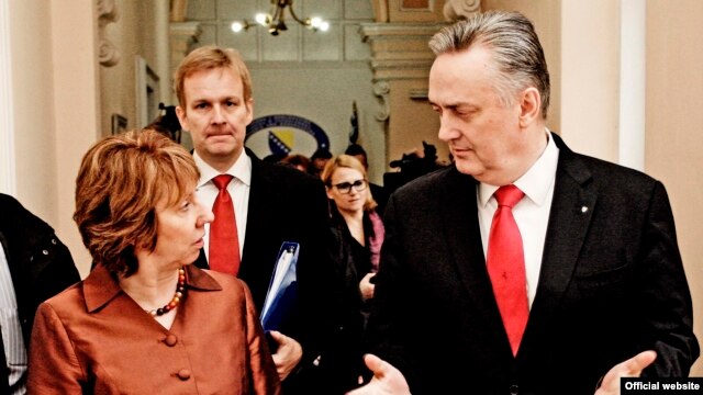 EU Catherine Ashton (left) and Bosnian Prime Minister Zlatko Lagumdzija in Sarajevo on March 12.