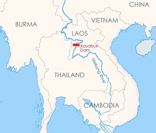 A map showing Xayaburi dam on the Mekong River in Laos.