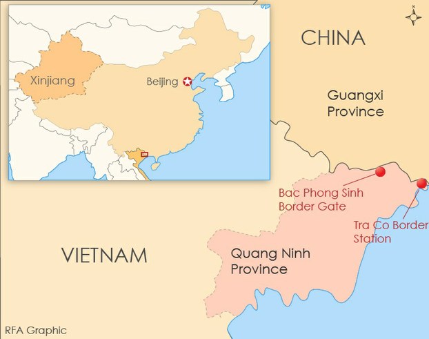 A map showing border posts where Vietnamese guards detained Chinese nationals on April 18, 2014.