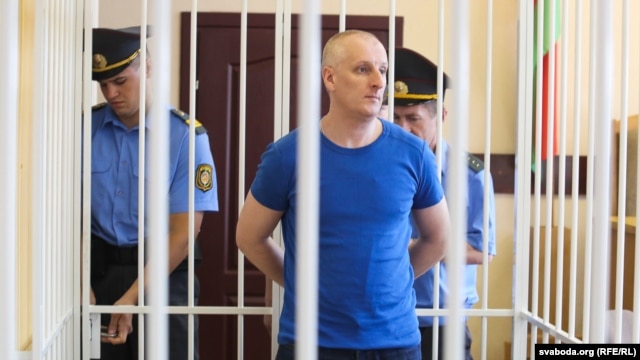 Belarusian rights activist Andrey Bandarenka in a Minsk courtroom on July 29.