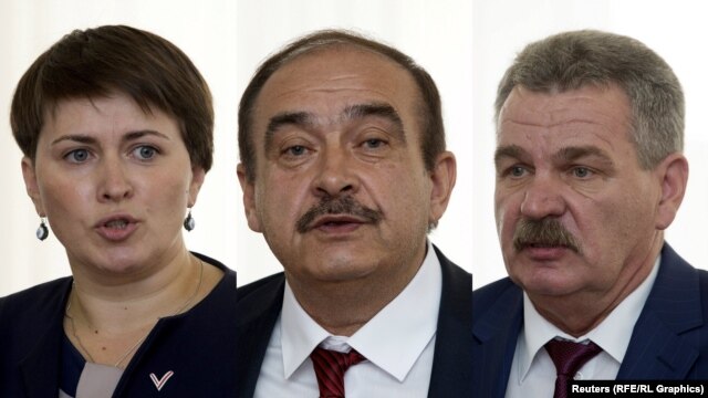 A combo photo shows Belarusian presidential candidates Tatsyana Karatkevich (left), Syarhey Haydukyevich (center), and Mikalay Ulakhovich
