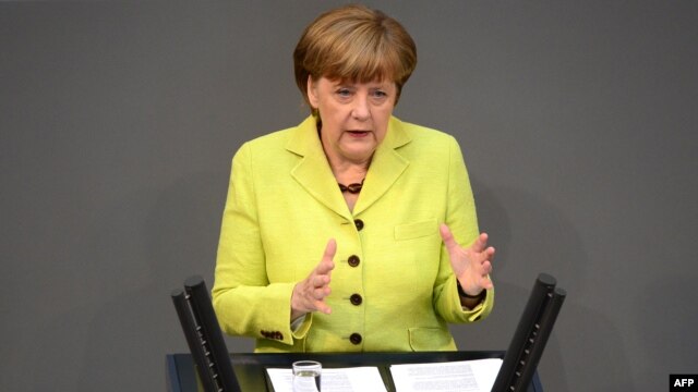 German Chancellor Angela Merkel addressing the Bundestag in Berlin on May 21. 
