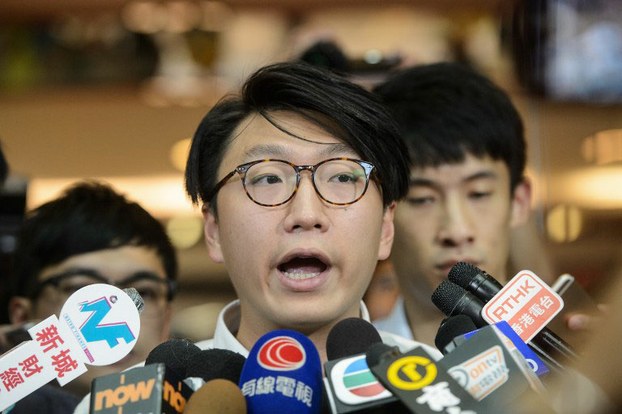 Hong Kong Indigenous candidate Edward Leung speaks to the press after being barred from running for election, Aug. 2, 2016.