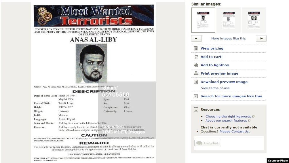 U.S. authorities' notice seeking the capture of Nazih Abdul-Hamed al-Ruqai, known as Anas al-Libi, and offering a bounty of up to $5 million