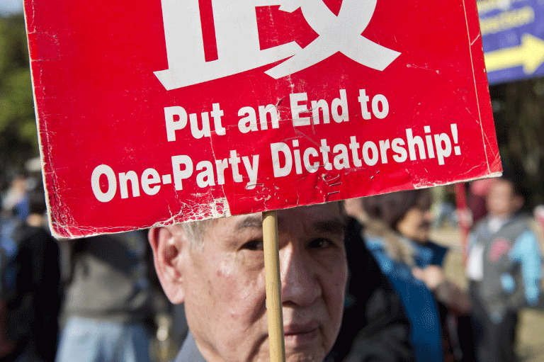 A protester holds a banner during a pro-democracy demonstration in Hong Kong, Jan. 1, 2014.