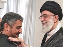 Iran - Supreme leader Ayatollah Ali Khamenei (R) puts on the insignia of rank on the shoulder of the newly appointed head of the elite Revolutionary Guards force General Mohammad Ali Jaafari, Tehran, 03Sep2007