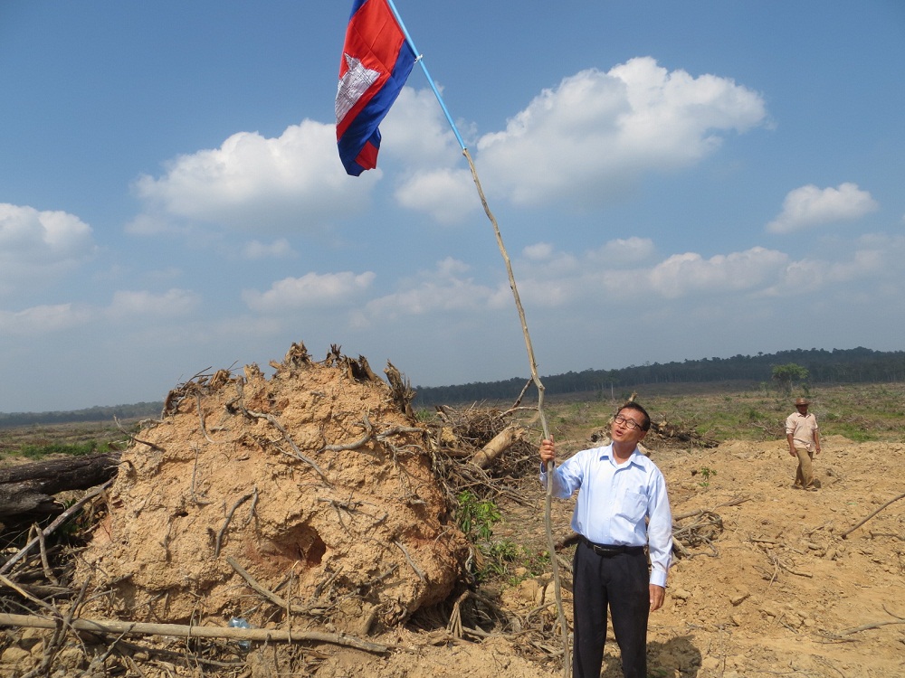 Sam Rainsy holds up a Cambodian flag on land cleared for a Vietnamese-run rubber plantation in the Prey Lang Forest in Kampong Thom province, Dec. 11, 2013.