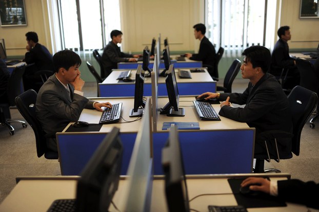 North Korean students work on their computers at Kim Il-Sung University in Pyongyang, April 11, 2012.