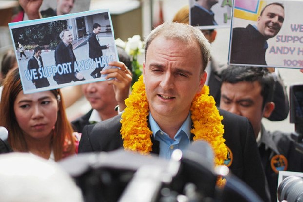 Migrant rights activist Andy Hall appears for a hearing at Bangkok South Criminal, Sept. 20, 2016.