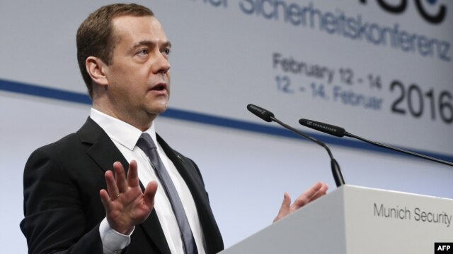 Russian Prime Minister Dmitry Medvedev speaks at the 52nd Security Conference in Munich on February 13.