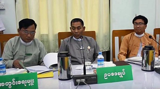Members of the Magwe regional government hold a press conference to discuss the alleged embezzlement of funds in Magwe in central Myanmar's Magwe region, April 25, 2017.