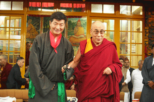 Lobsang Sangay (L) with the Dalai Lama after being sworn in as head of the Tibetan government-in-exile in Dharamsala, India, Aug. 8, 2011.