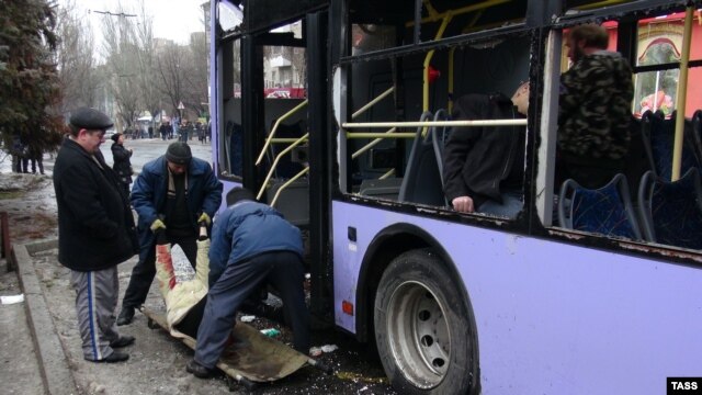 The scene following an explosion at a public transport stop in the rebel-held Ukrainian city of Donetsk, January 22, 2015