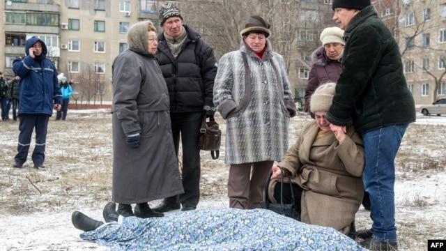 A victim of shelling in the eastern Ukrainian city of Kramotorsk on February 10