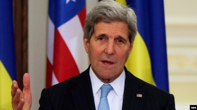U.S. Secretary of State John Kerry speaks to the media following his meeting with Ukrainian President Petro Poroshenko in Kyiv.