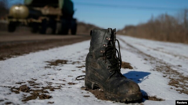 A military boot is seen on the road near Debaltseve, eastern Ukraine, on February 17.