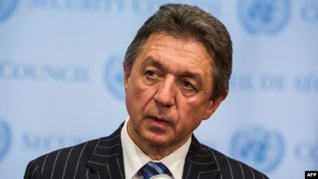 Ukrainian ambassador the UN Yuriy Serheyev speaks to the media after a UN Security Council meeting in New York, March 3.