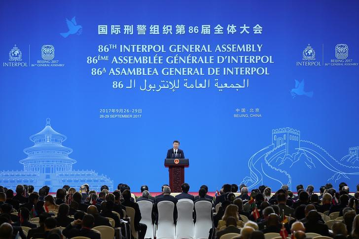 Chinese President Xi Jinping speaks during the 86th INTERPOL General Assembly at Beijing National Convention Center on September 26, 2017 in Beijing, China.