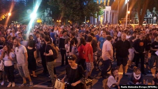 Hundreds of people took part in protests in the Macedonian capital, Skopje, on May 8. 