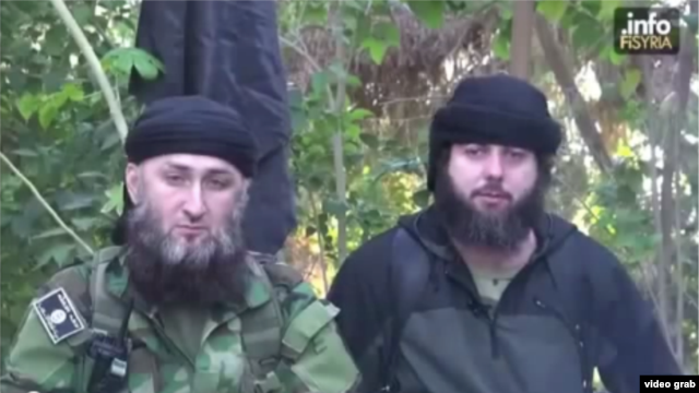 Akhmed Chatayev (right) appeared in a video released in February with Islam Seit-Umarovich Atabiyev, aka Abu Jihad.
