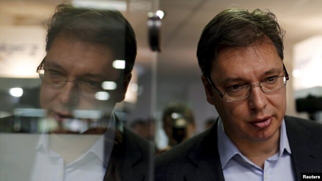 Serbian Prime Minister and leader of the Serbian Progressive Party Aleksandar Vucic at a polling station during elections on April 24, 2016