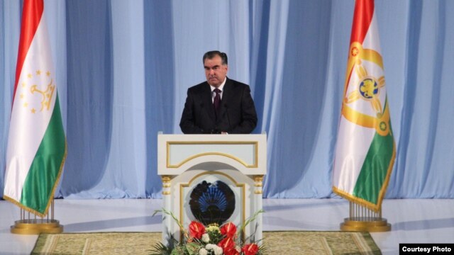 Tajik president Emomali Rahmon speaks in the meeting on the eve of Tajikistan Independency day
