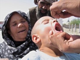A Pakistani health worker orally administers a polio vaccination to a child.