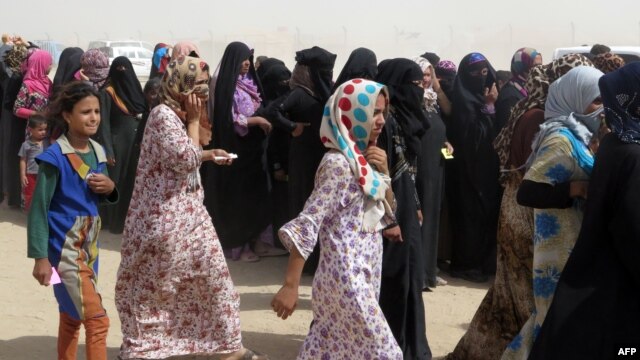 Displaced Iraqi families fleeing Fallujah queue for food rations and other emergency supplies at an aid camp outside Baghdad.