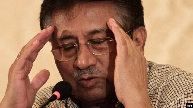 Pervez Musharraf gestures during a press conference in Karachi in March.