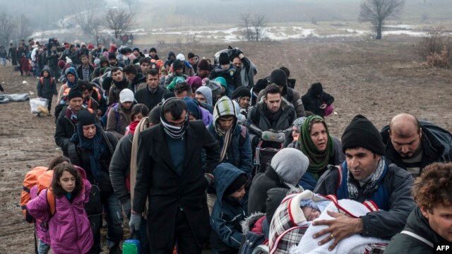 Migrants and refugees wait for security check after crossing the Macedonian border into Serbia, near the village of Miratovac, January 29.